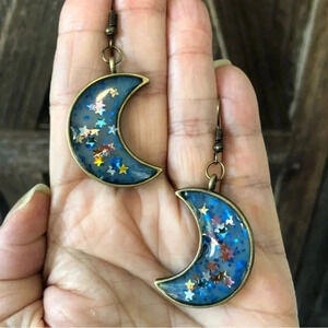 Moon Blue Stars Handmade Resin Glitter Bronze Tone Earrings New NWT